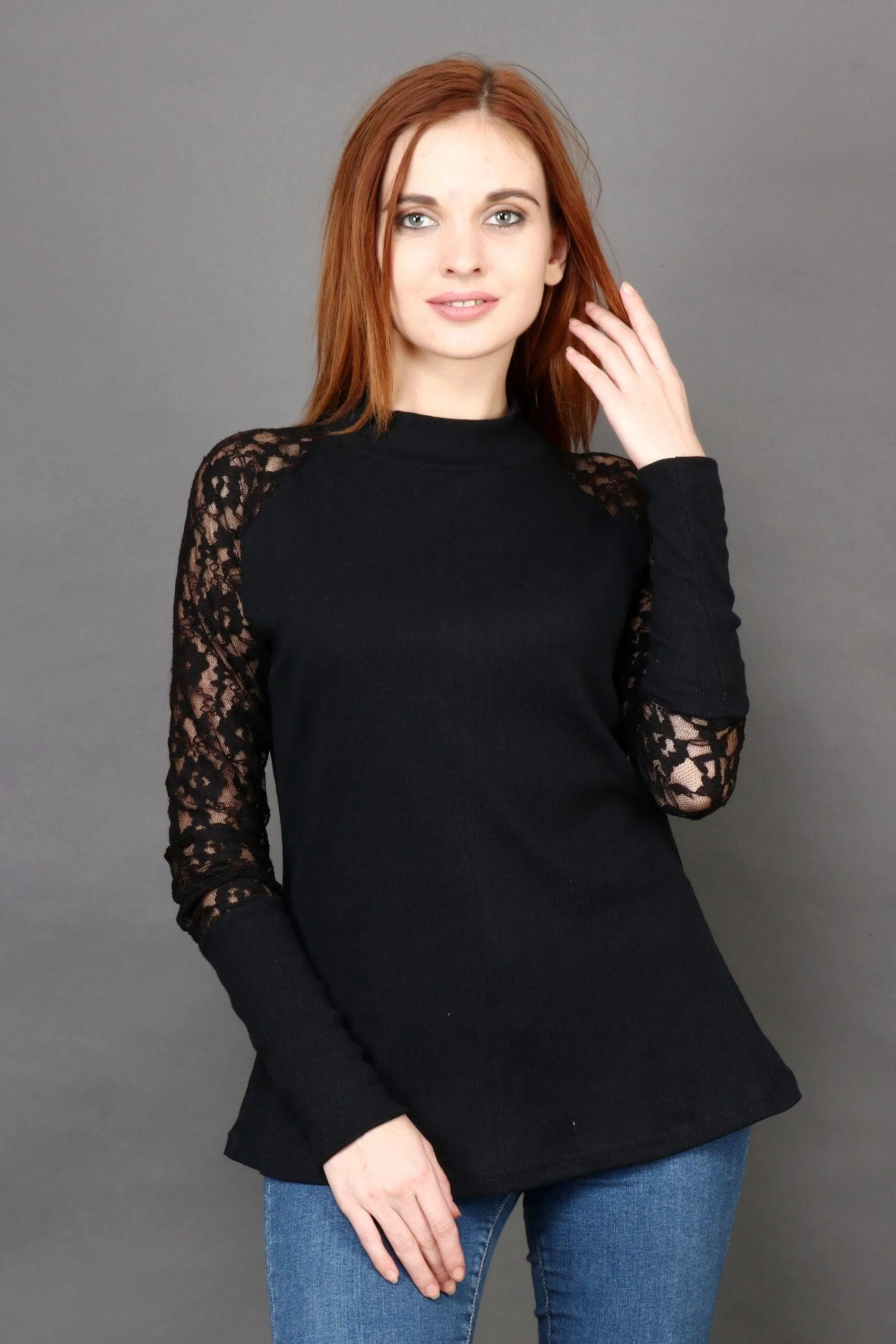 Black Solid Rib Top with Net Sleeves