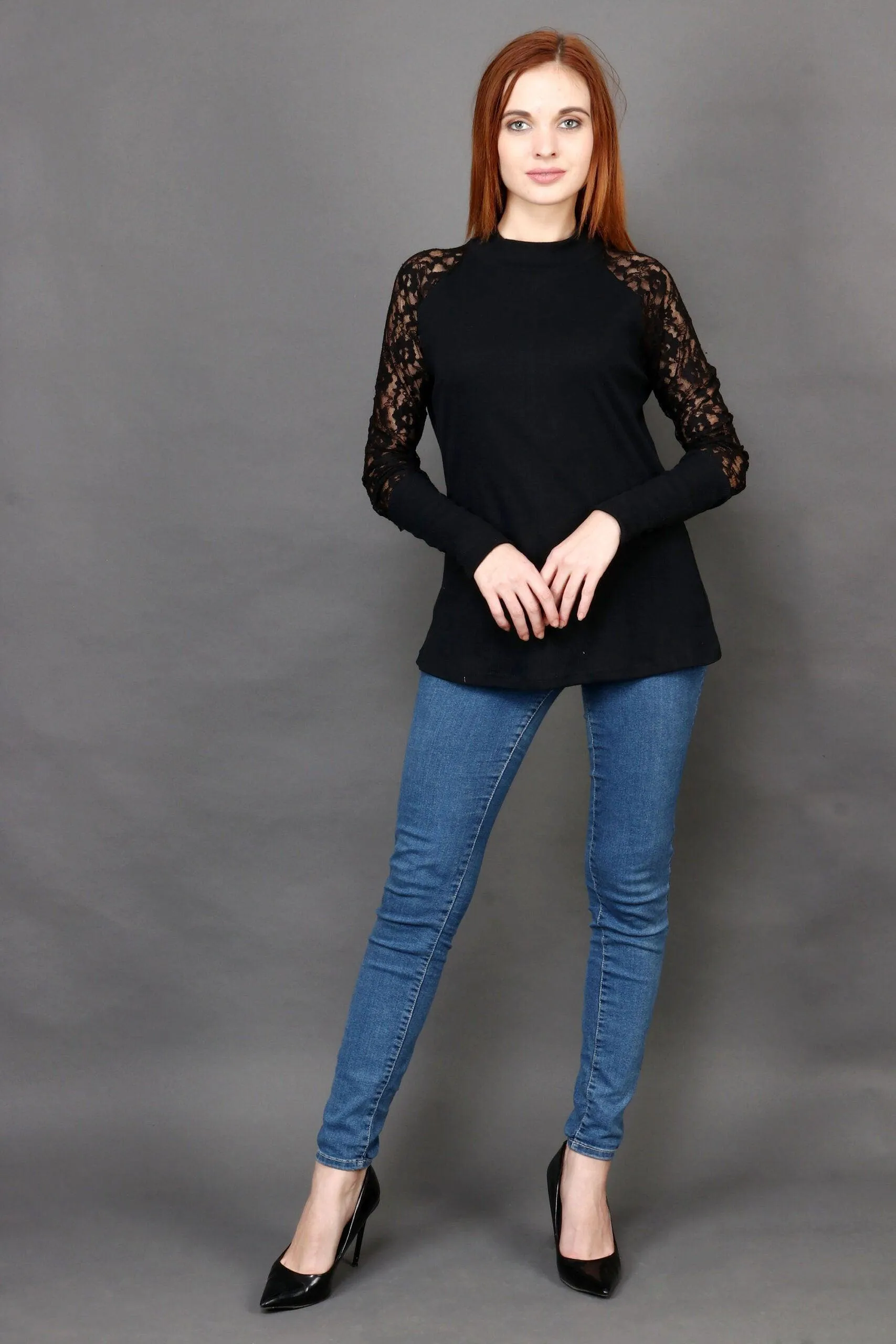 Black Solid Rib Top with Net Sleeves