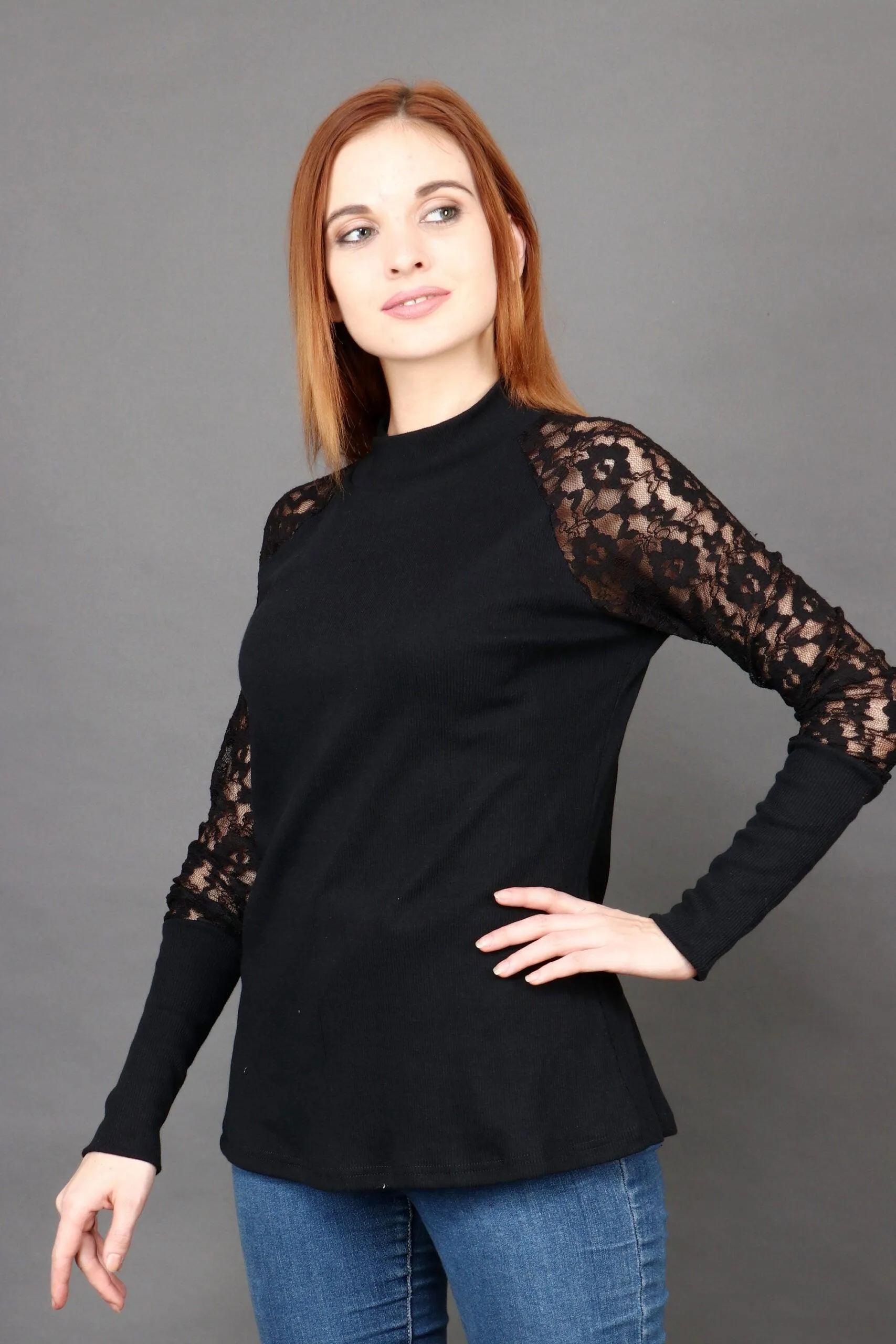 Black Solid Rib Top with Net Sleeves