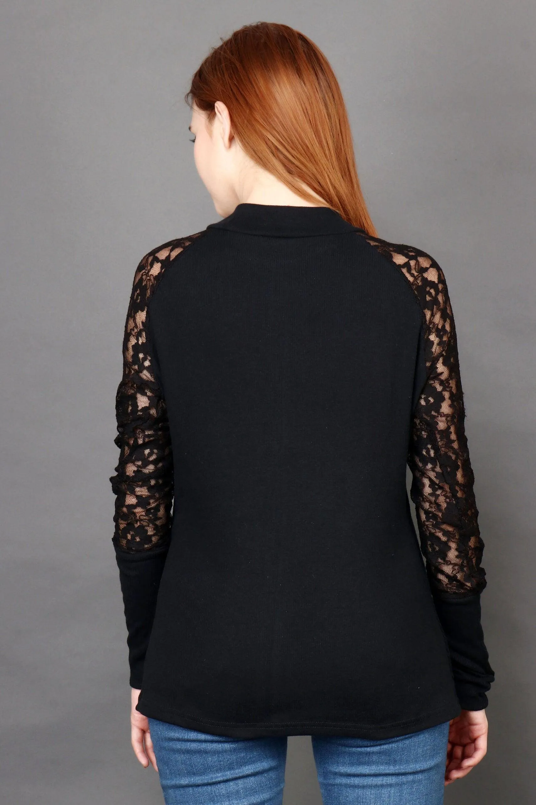 Black Solid Rib Top with Net Sleeves