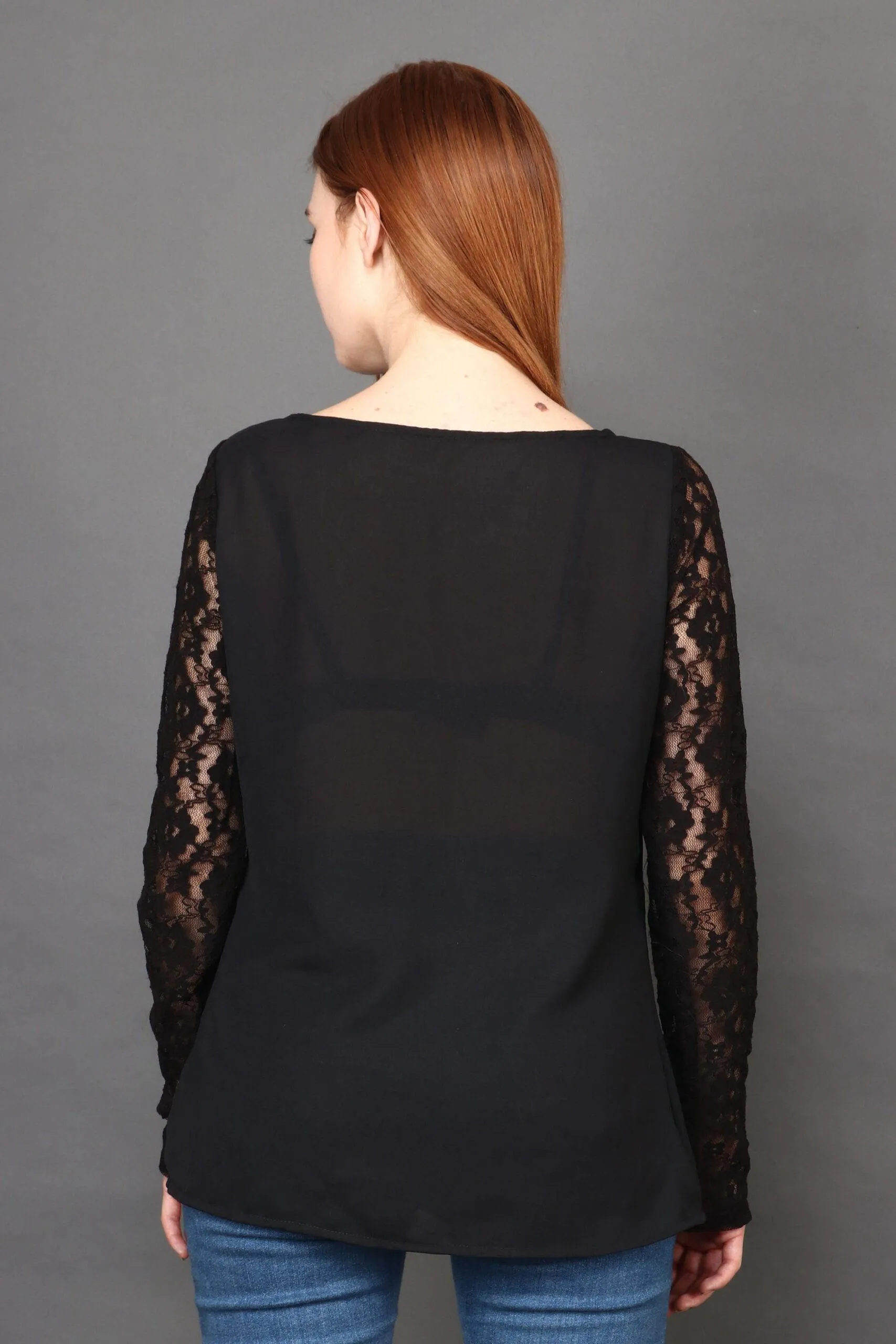 Black Solid Top with Net Mesh Sleeves