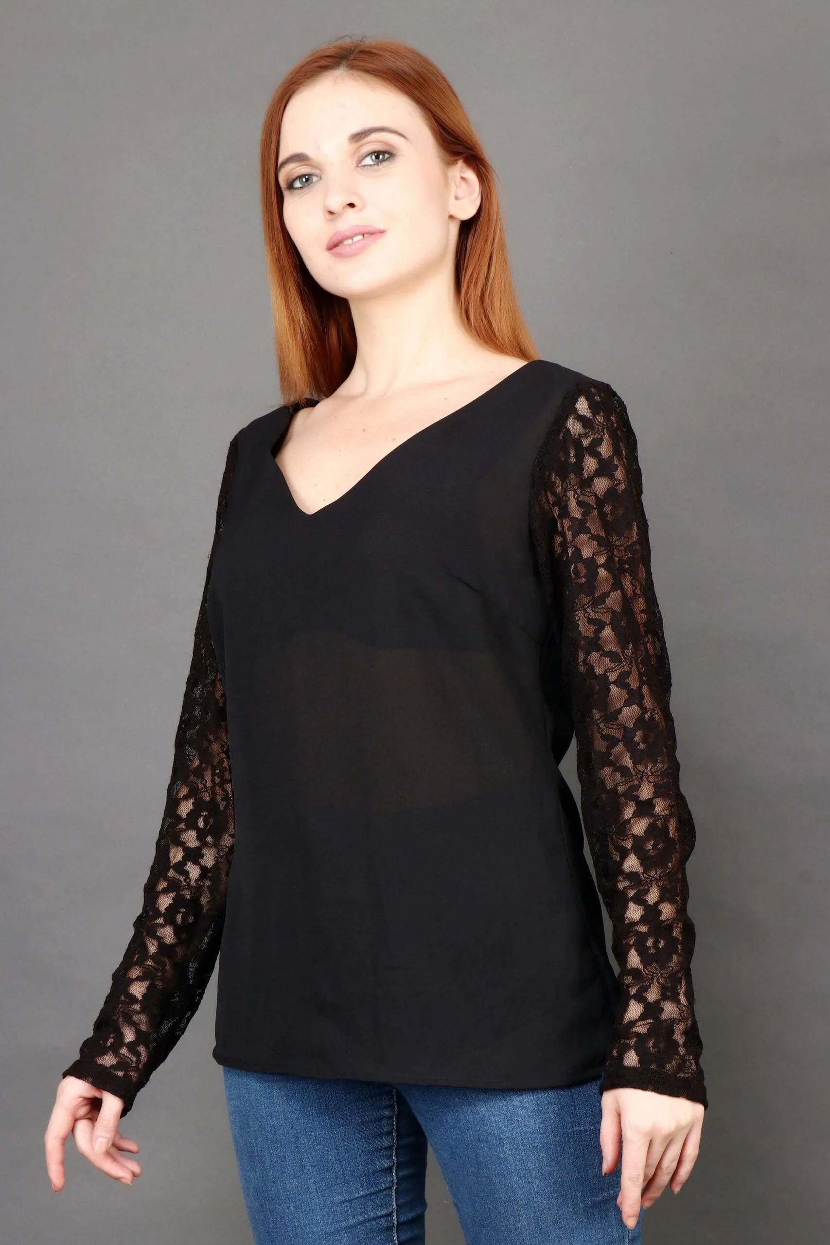 Black Solid Top with Net Mesh Sleeves