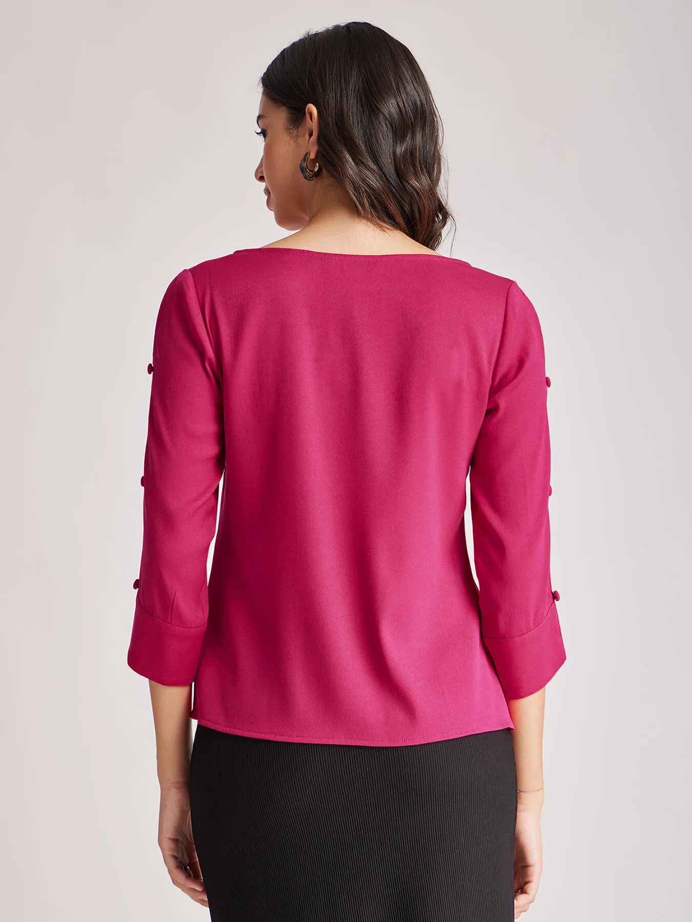 Boat Neck Button Detail Top - Fuchsia