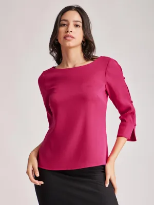 Boat Neck Button Detail Top - Fuchsia