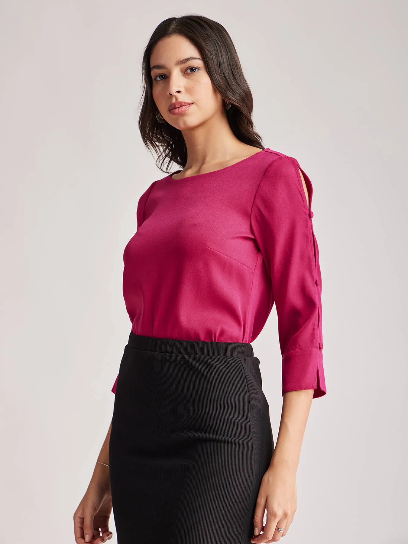 Boat Neck Button Detail Top - Fuchsia