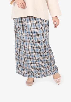 Cesaria Long Checkered Straight Cut Skirt - Light Blue