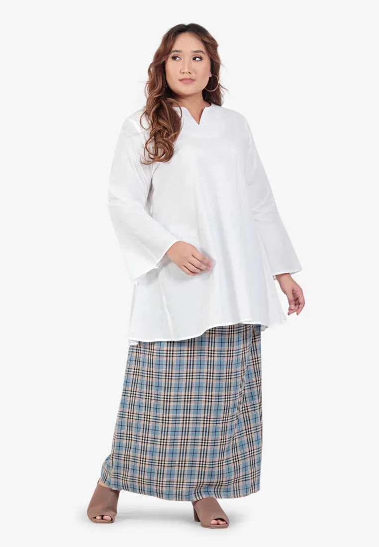 Cesaria Long Checkered Straight Cut Skirt - Light Blue