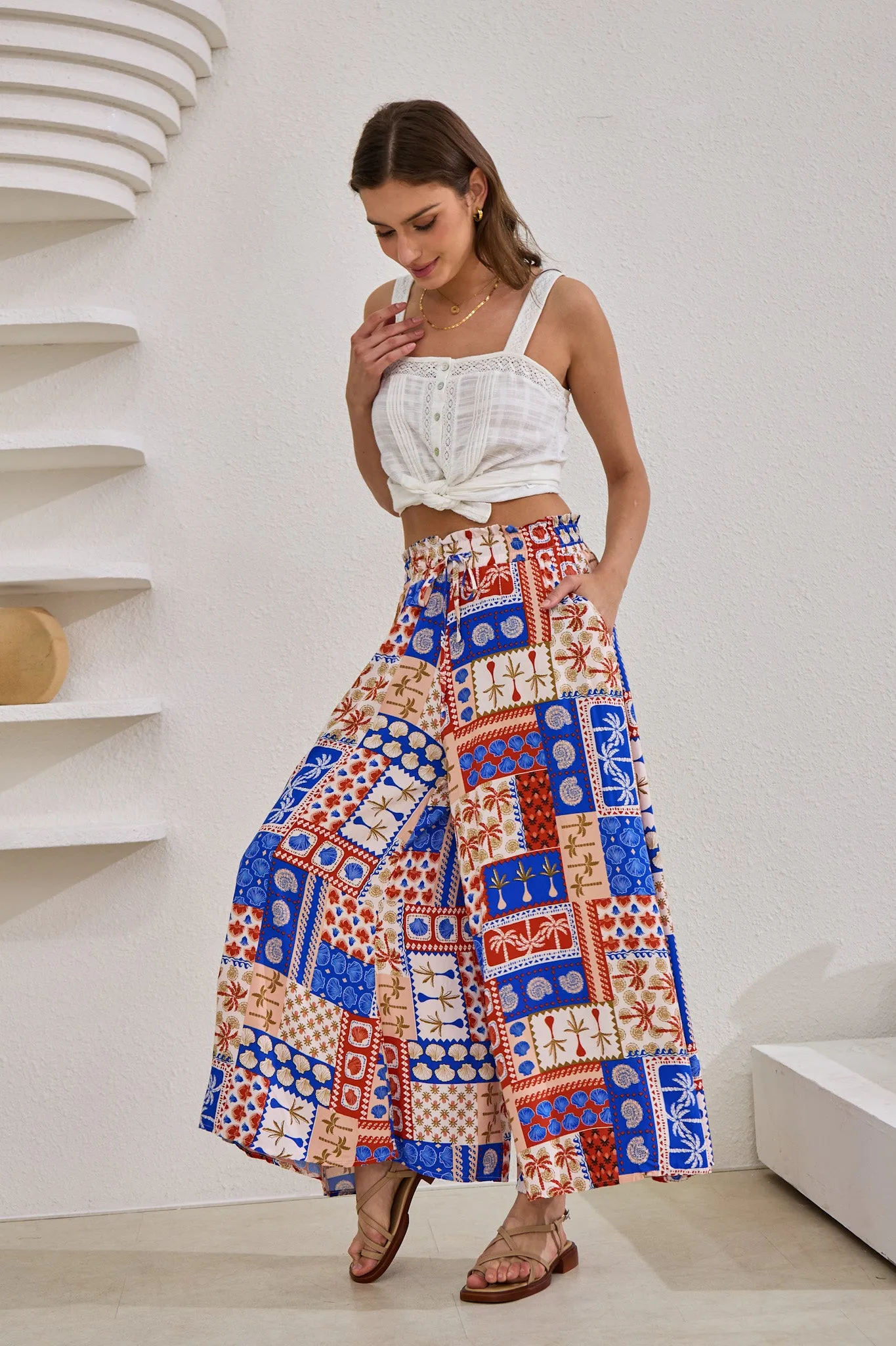 Cordelia Blue Abstract Patchwork Wide Leg Cropped Pants