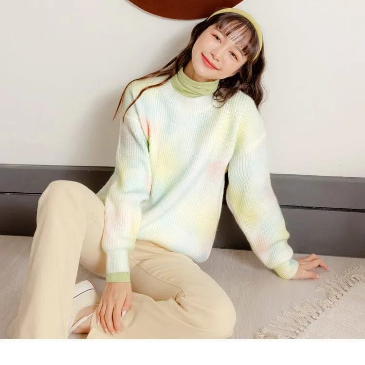 DROP SHOULDER HIGH NECK COLOR PRINTED LONG SLEEVE TOPS