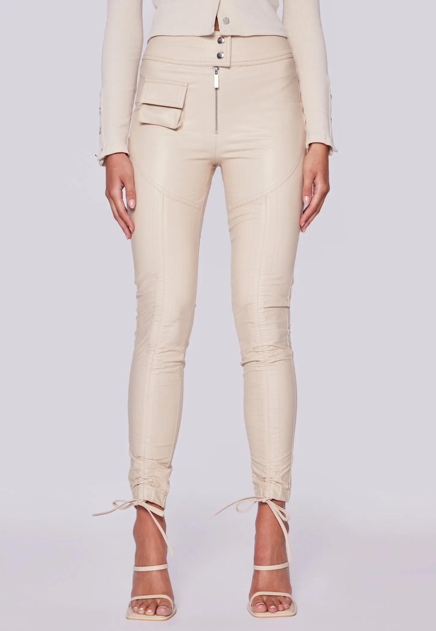 Faux Leather Adjustable Ruched Leggings - Sand