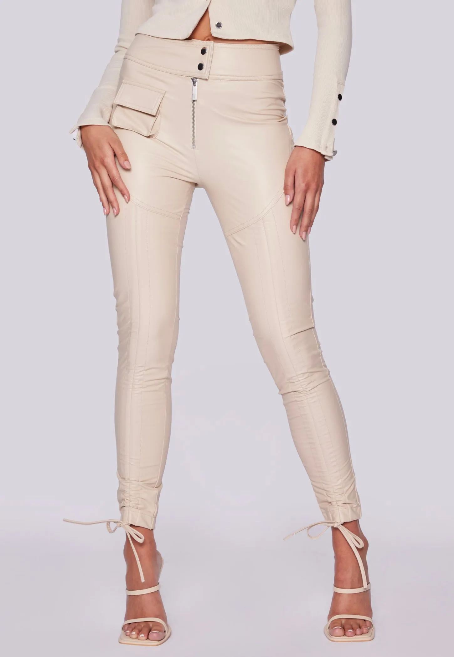 Faux Leather Adjustable Ruched Leggings - Sand