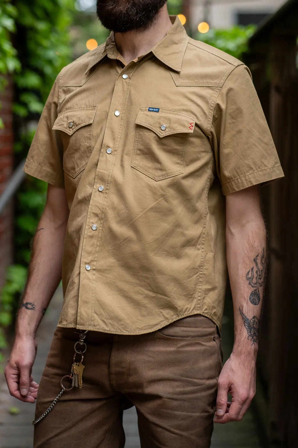 Iron Heart IHSH-387-KHA 7oz Fatigue Cloth Short Sleeved Western Shirt - Khaki