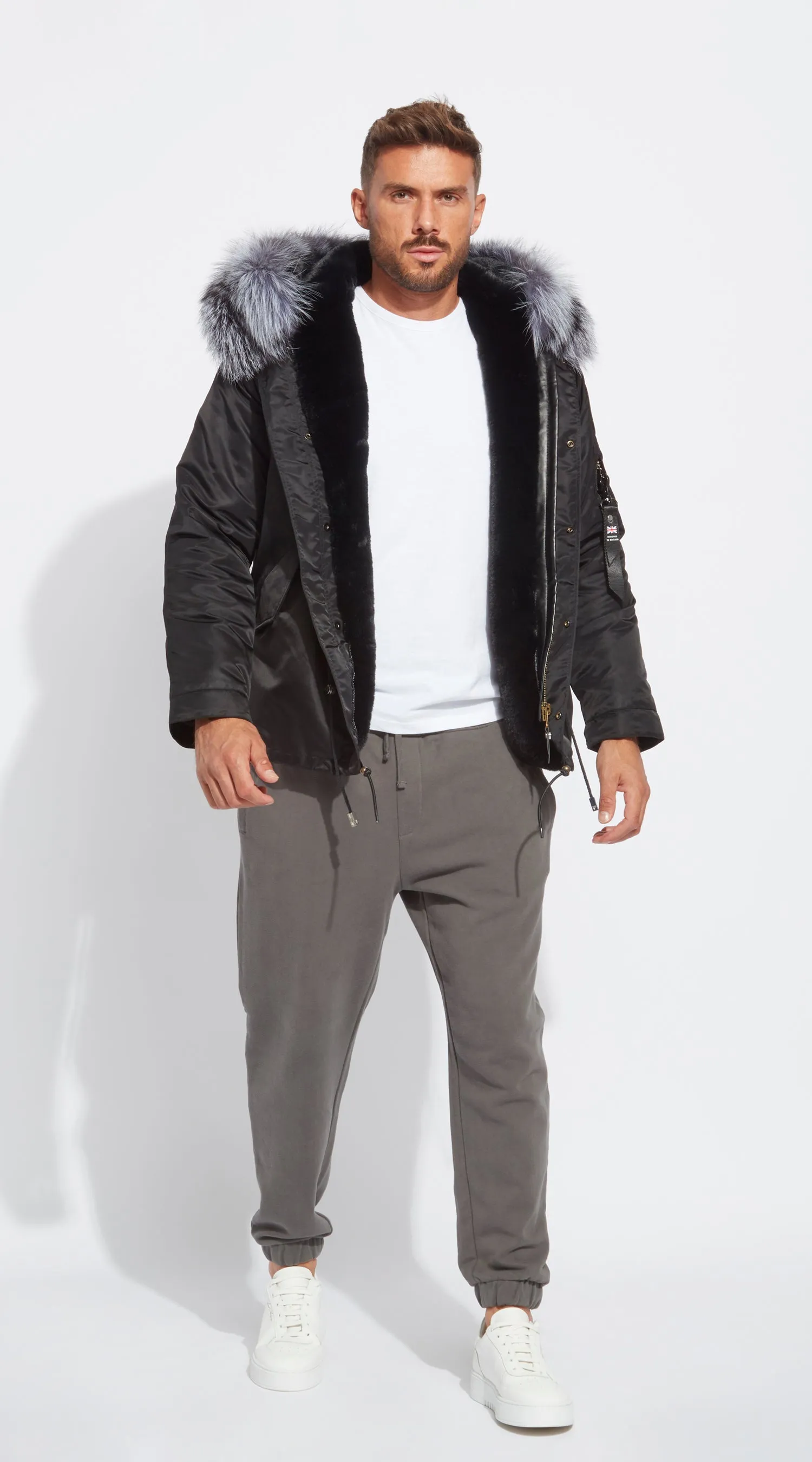 Mens Black Water-Repellent Luxy Fur Parka - Silver Fox