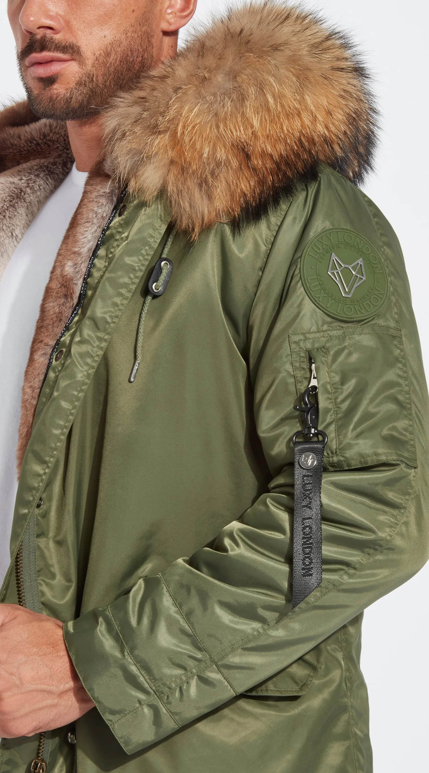 Mens Khaki Water-Repellent Luxy Fur Parka - 3/4 Natural