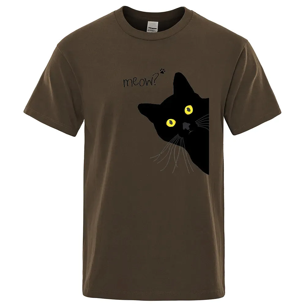 Meow Black Cat Funny Printing Men T-Shirts Breathable Tee C