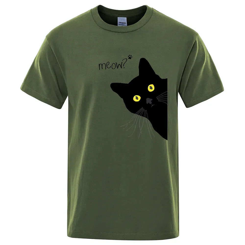 Meow Black Cat Funny Printing Men T-Shirts Breathable Tee C