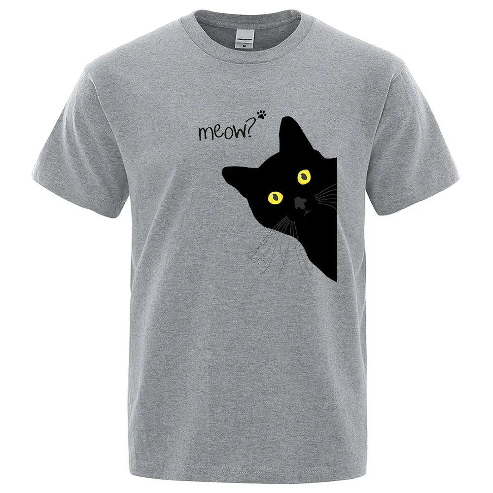 Meow Black Cat Funny Printing Men T-Shirts Breathable Tee C