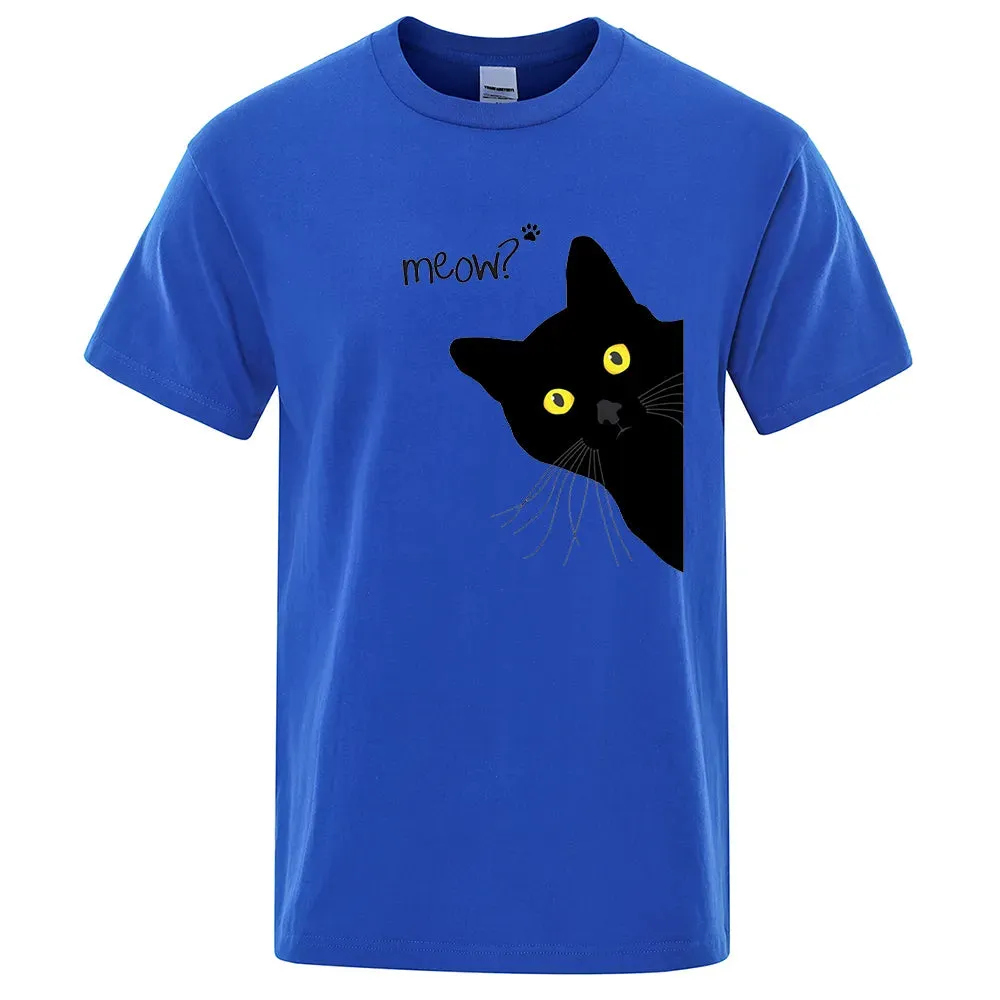 Meow Black Cat Funny Printing Men T-Shirts Breathable Tee C