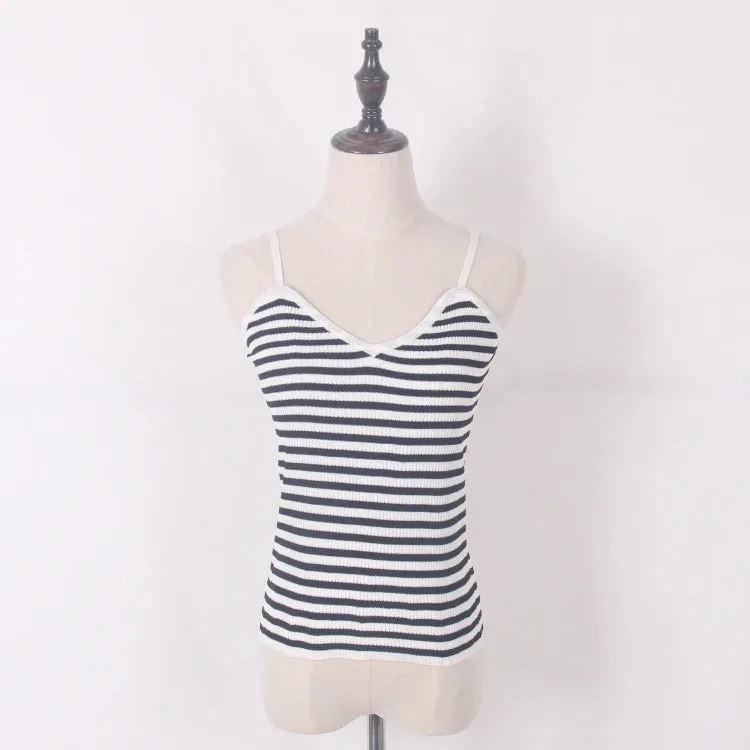 New knitted Striped Tank Tops Women Summer Camisole Vest simple Stretchable Ladies V Neck Slim Sexy Strappy Camis Tops  A-002