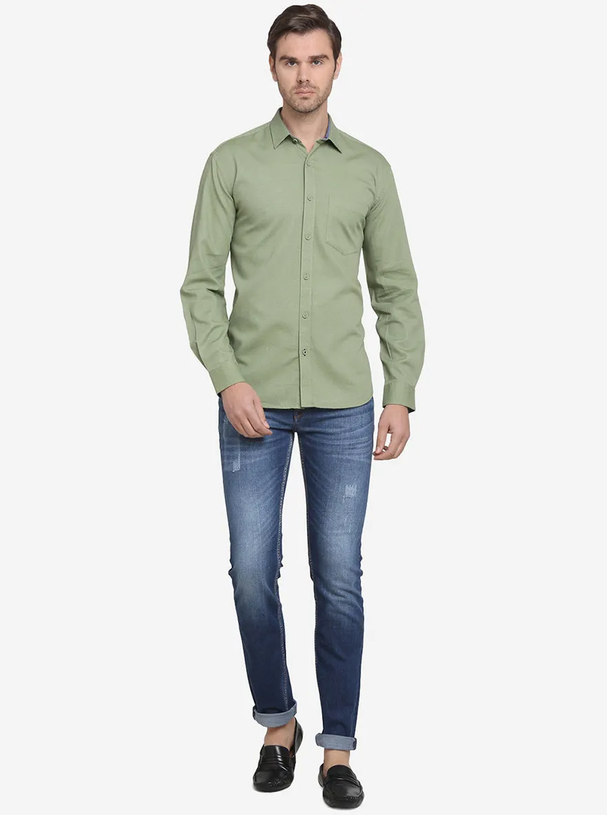 Olive Green Printed Slim Fit Casual Shirt  | JadeBlue