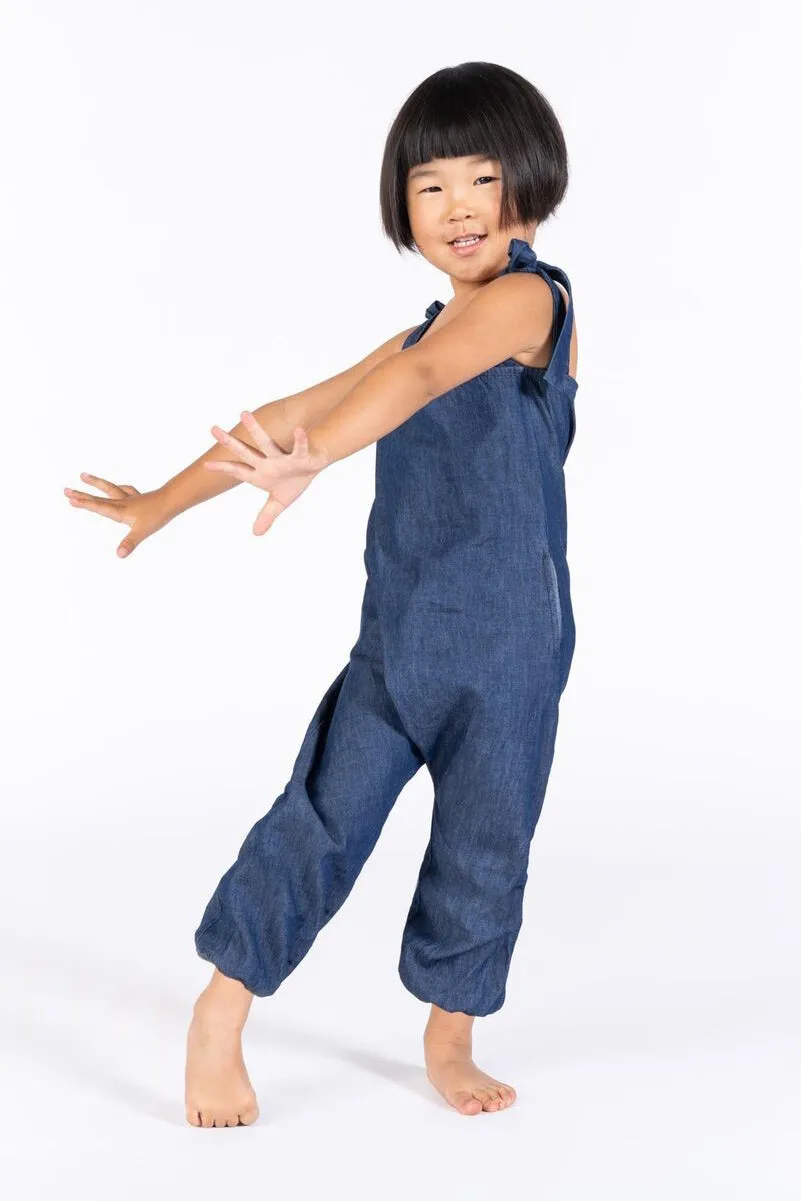 OMAMImini Chambray Pleated Girls Jumpsuit - Indigo