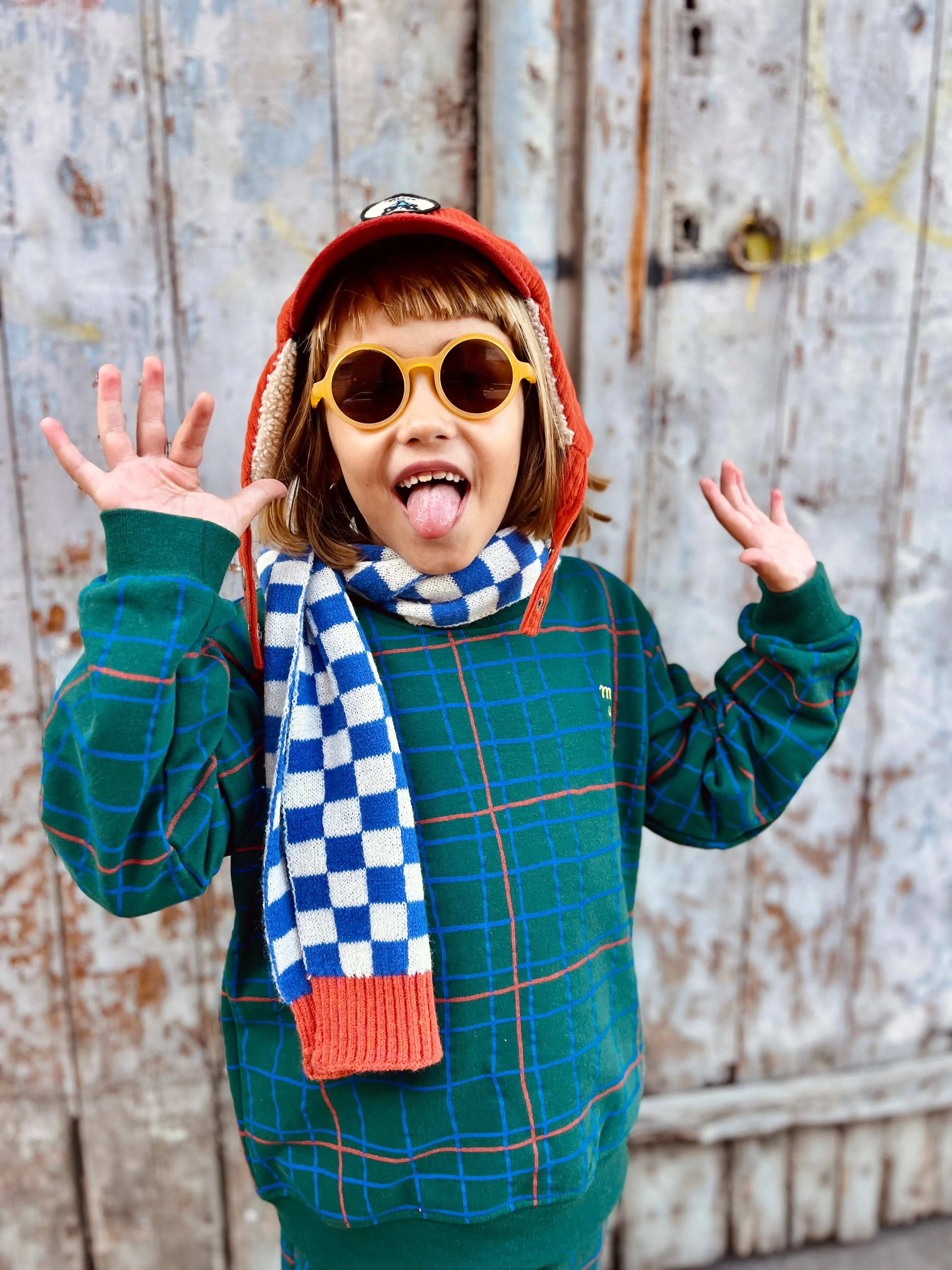 Recycled Cotton Grid Kid Sweatshirt | Pine Green Multi