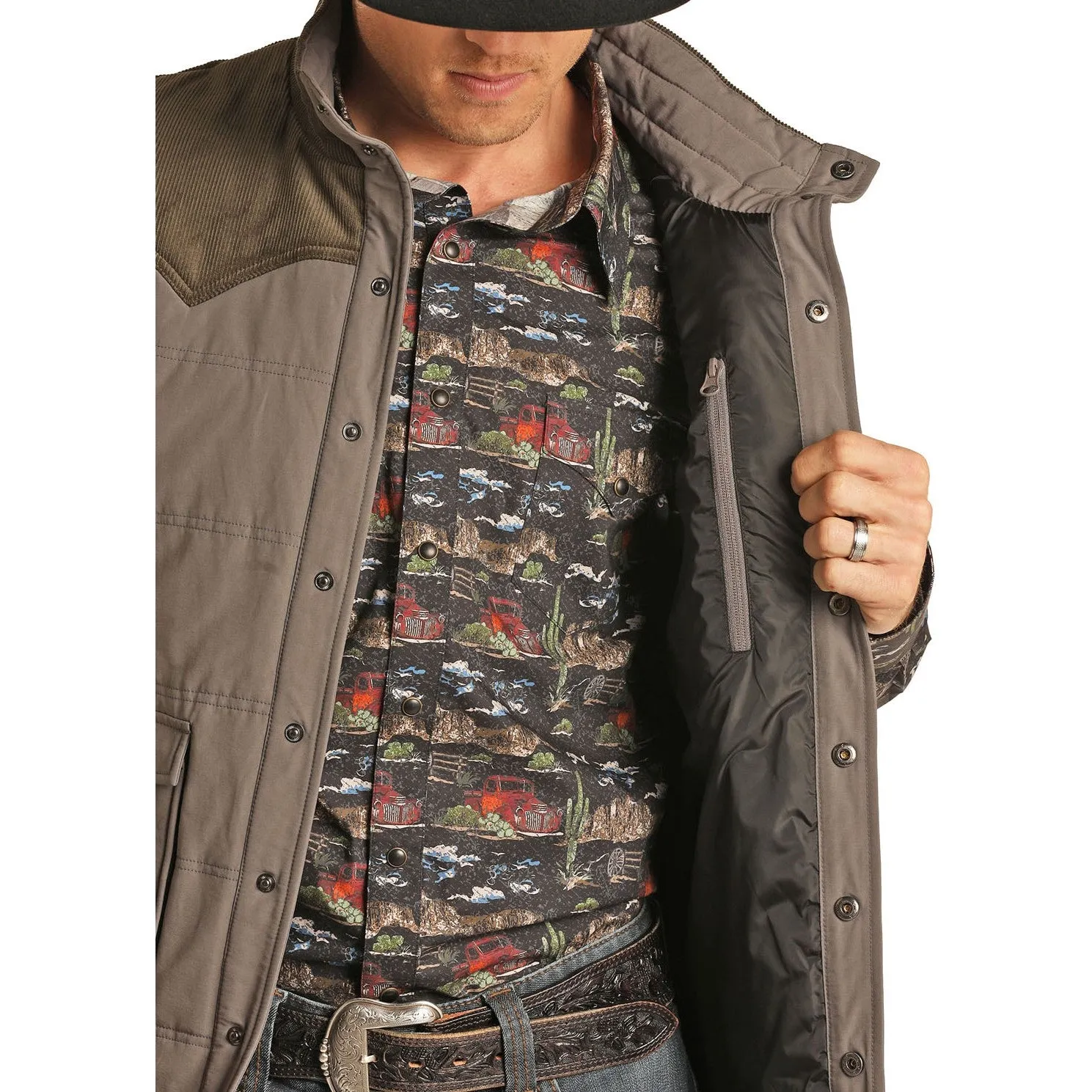 Rock & Roll Cowboy Men's Performance Nylon & Corduroy Grey Vest 98-1109