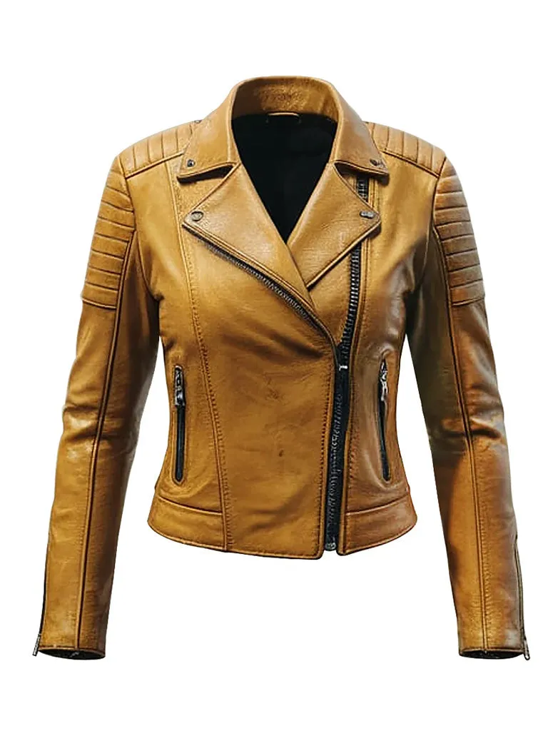 Tan Brown Leather Biker Jacket