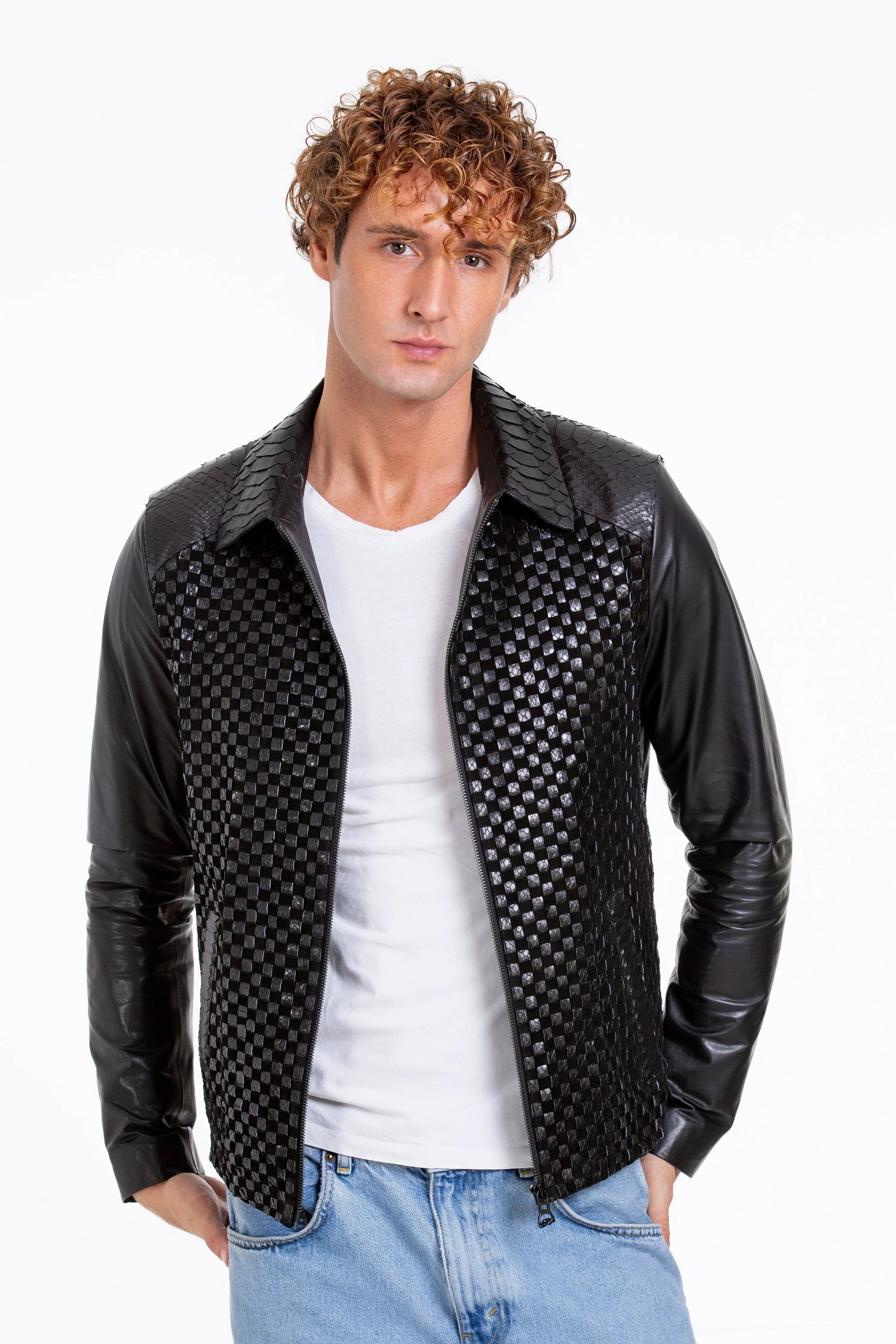 The Bedford Pythn Skin Handwoven Leather Black Men Jacket