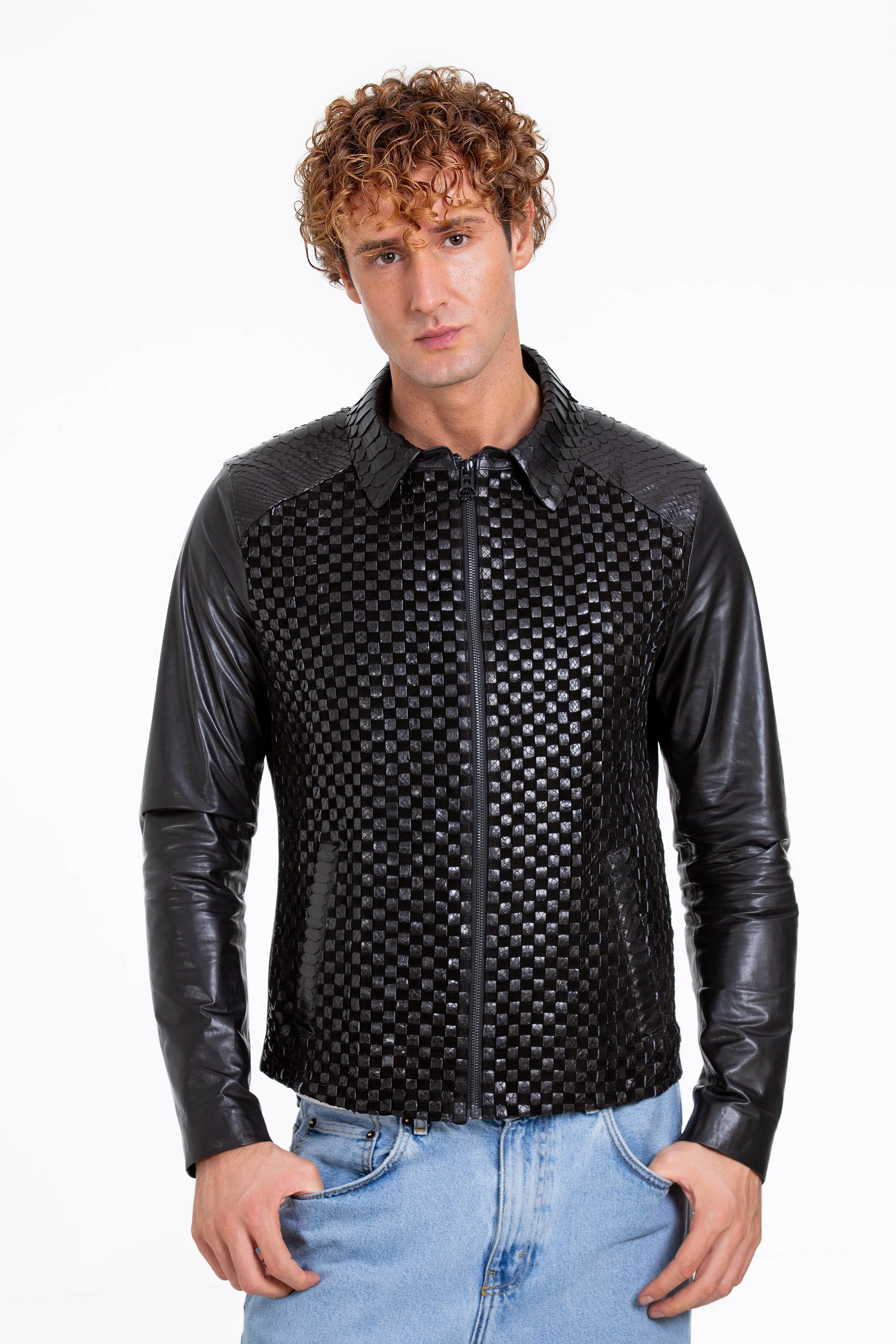 The Bedford Pythn Skin Handwoven Leather Black Men Jacket