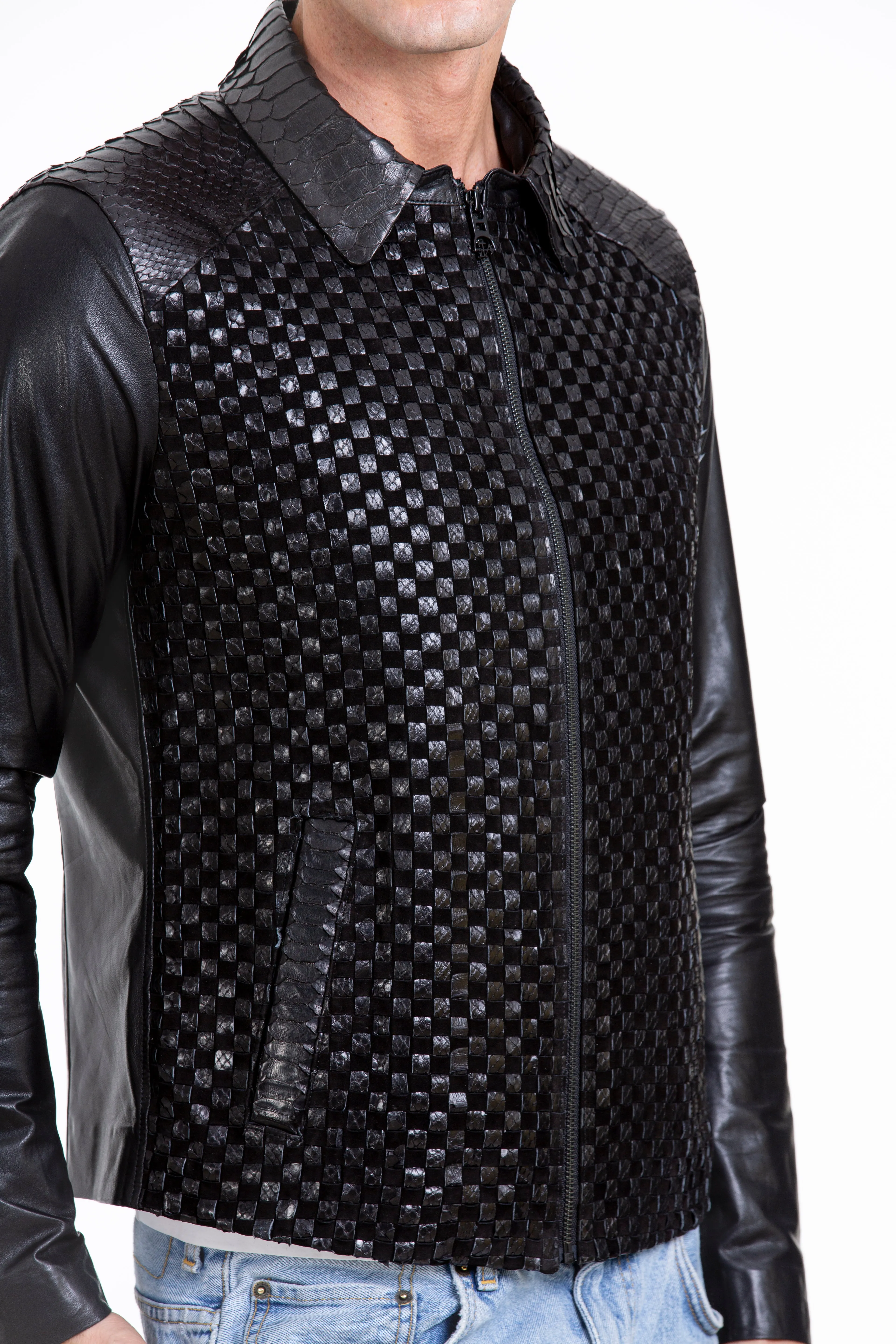 The Bedford Pythn Skin Handwoven Leather Black Men Jacket