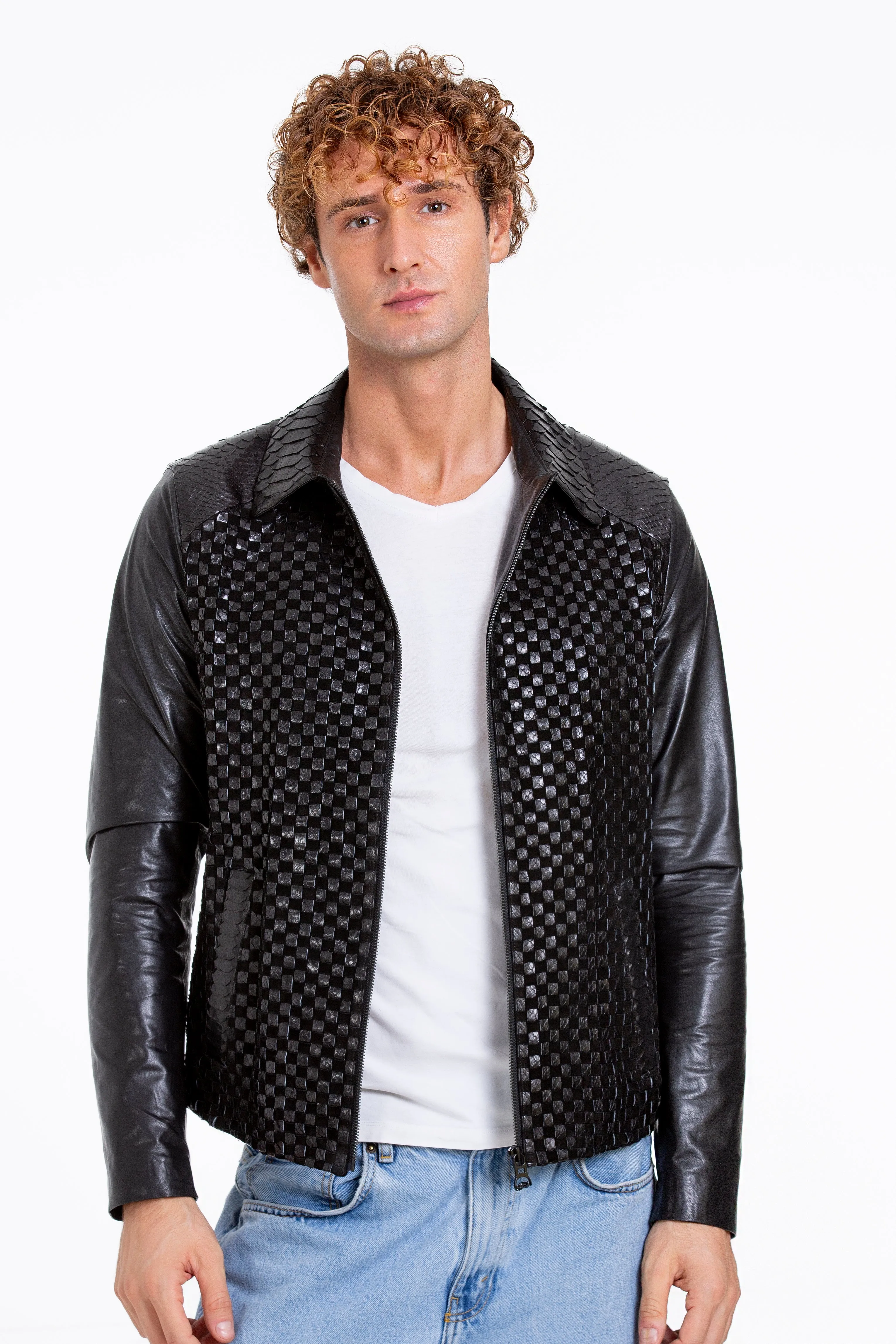 The Bedford Pythn Skin Handwoven Leather Black Men Jacket