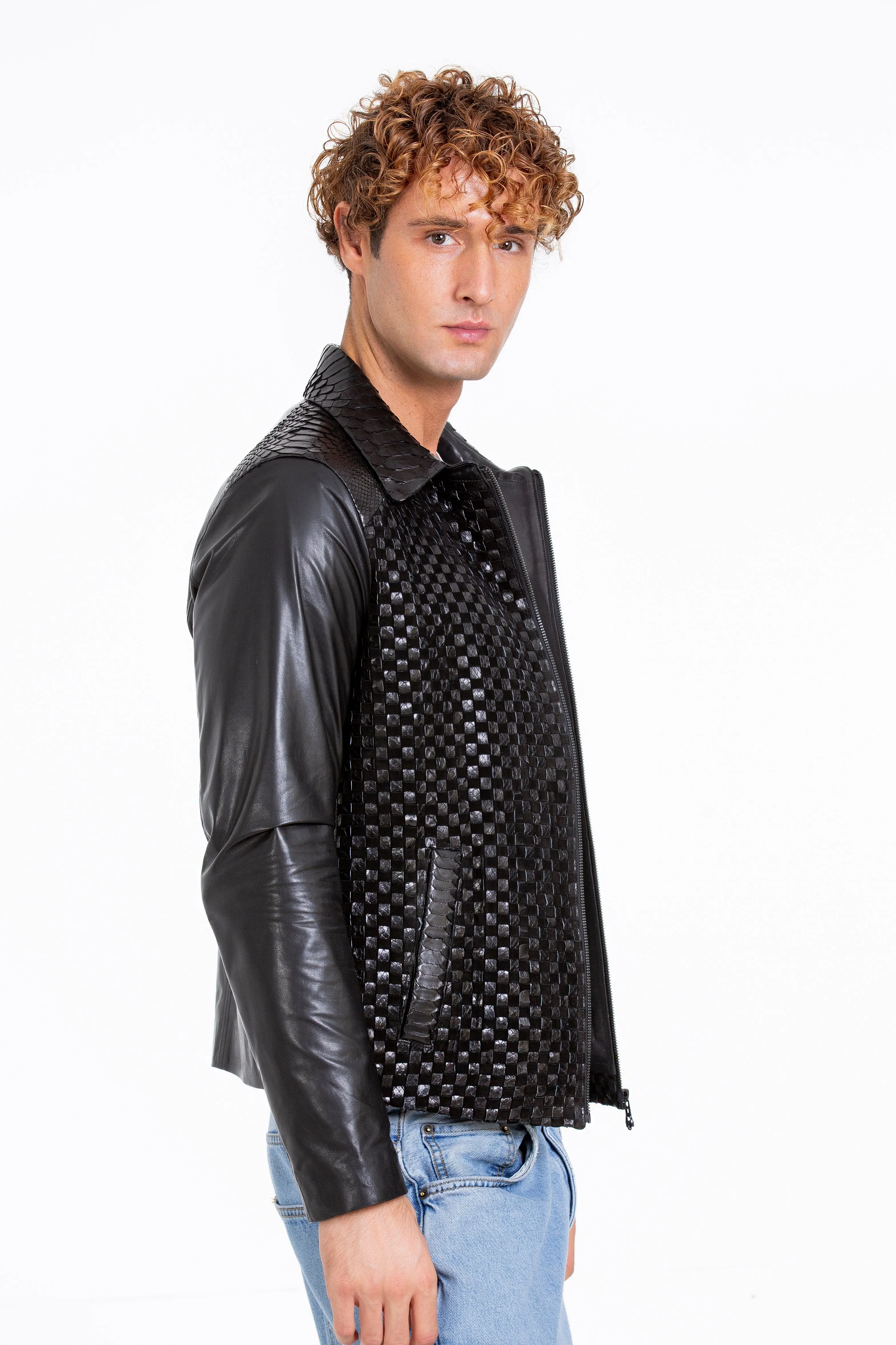 The Bedford Pythn Skin Handwoven Leather Black Men Jacket