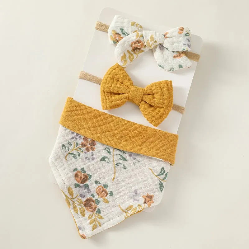 Triangle Bibs and Printed Headband Set Stylish Accessories for Baby Girl