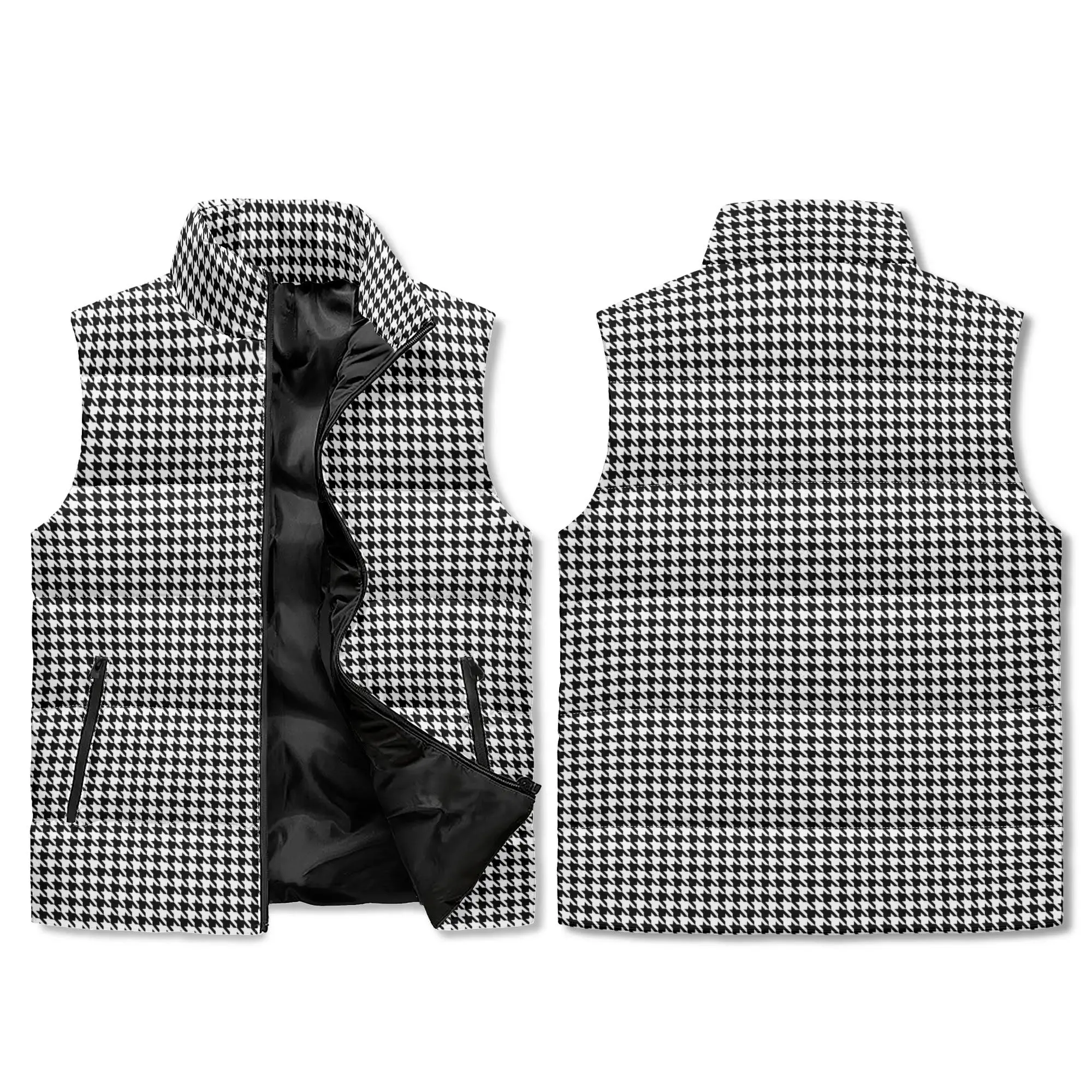 Unisex Black Houndstooth Puffer Vest | Vintage-Inspired Lightweight Sleeveless Winter Jacket