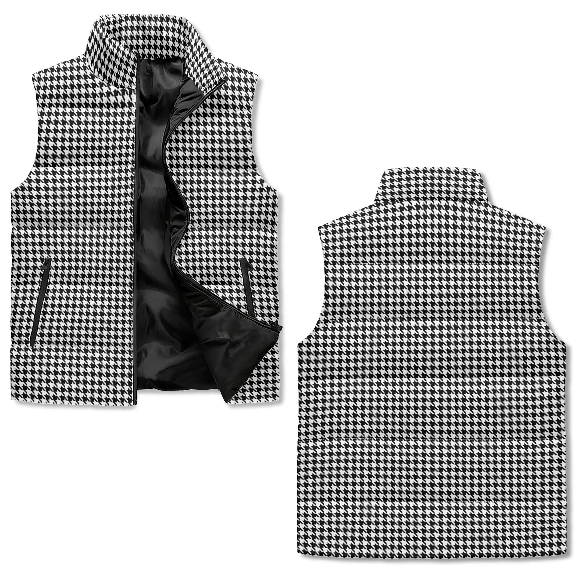 Unisex Black Houndstooth Puffer Vest | Vintage-Inspired Lightweight Sleeveless Winter Jacket