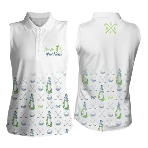 Women sleeveless polo shirt, custom golf clubs pattern white golf tops for women, golf gift for mom